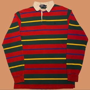 Men’s red striped pattern long sleeve collar polo shirt. 100% Cotton.